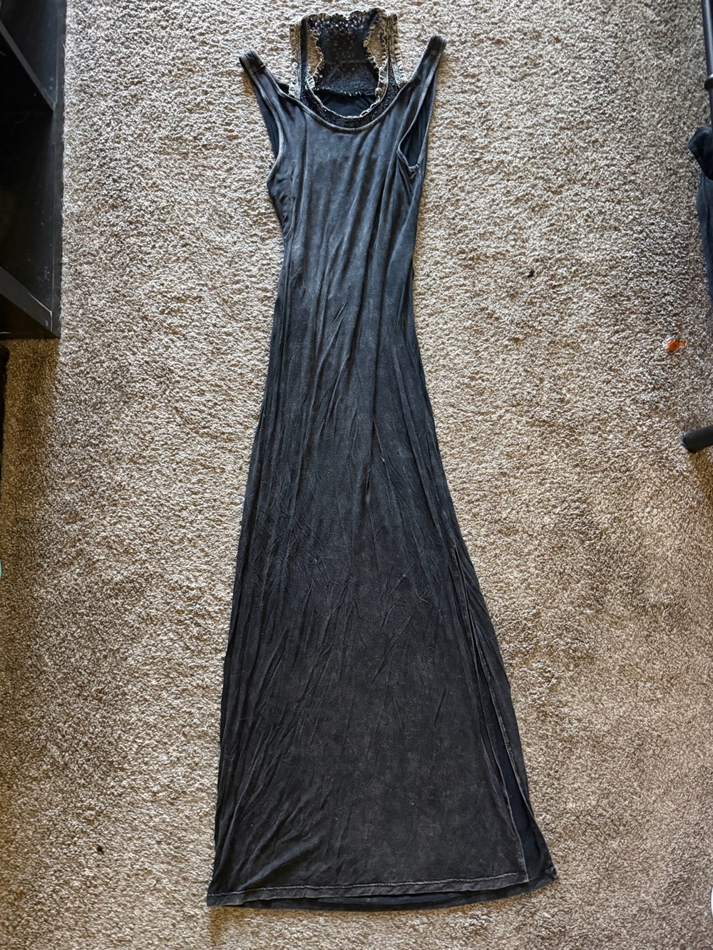 POL Washed Black Backless Double Neckline Halter Lace Maxi Dress